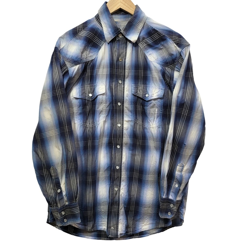 Resistol Ranch Mens Medium Blue Ombre Plaid Western Pearl Snap Long Sleeve Shirt